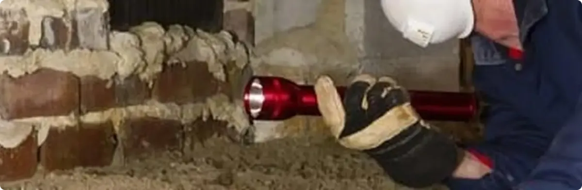 Pest control technician inspecting a crawl space for ant activity in Harrison, NJ