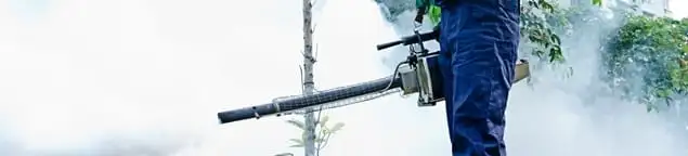 Pest control technician fogging an outdoor area for insect control in Newark, NJ